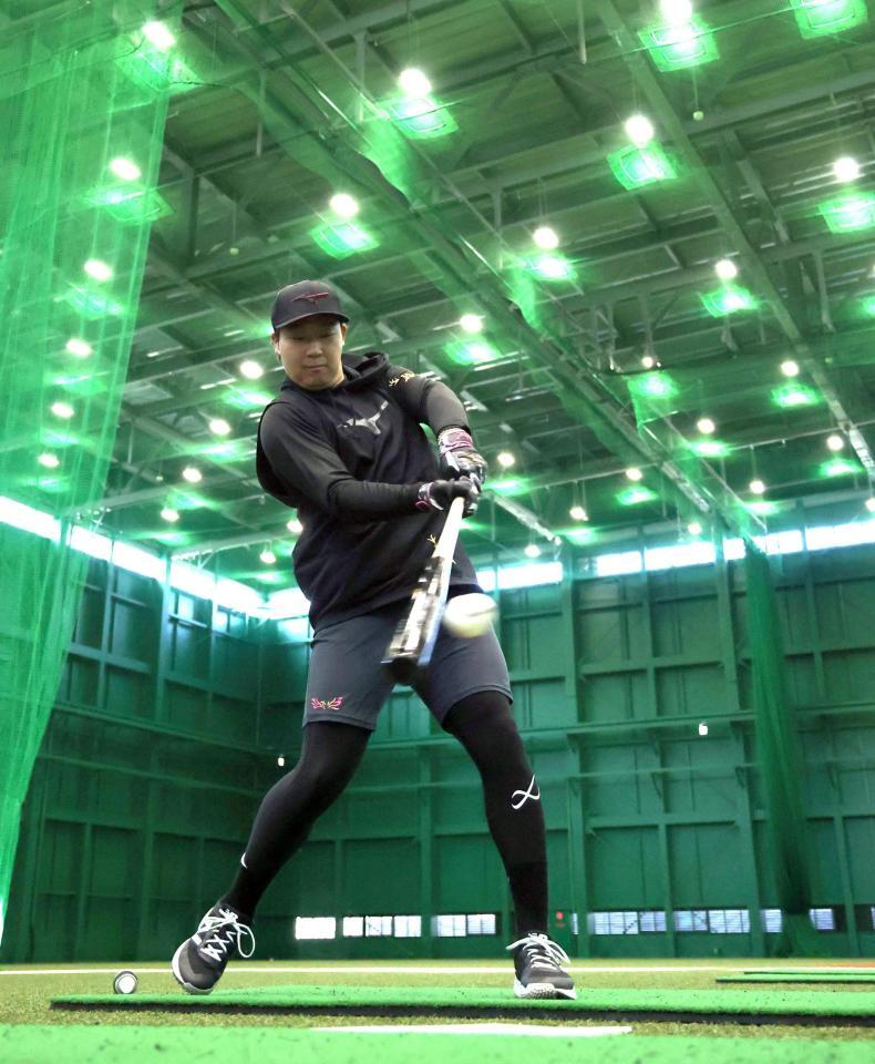 自主トレを公開し、トス打撃でバットを振り込む大山（撮影・山口登）