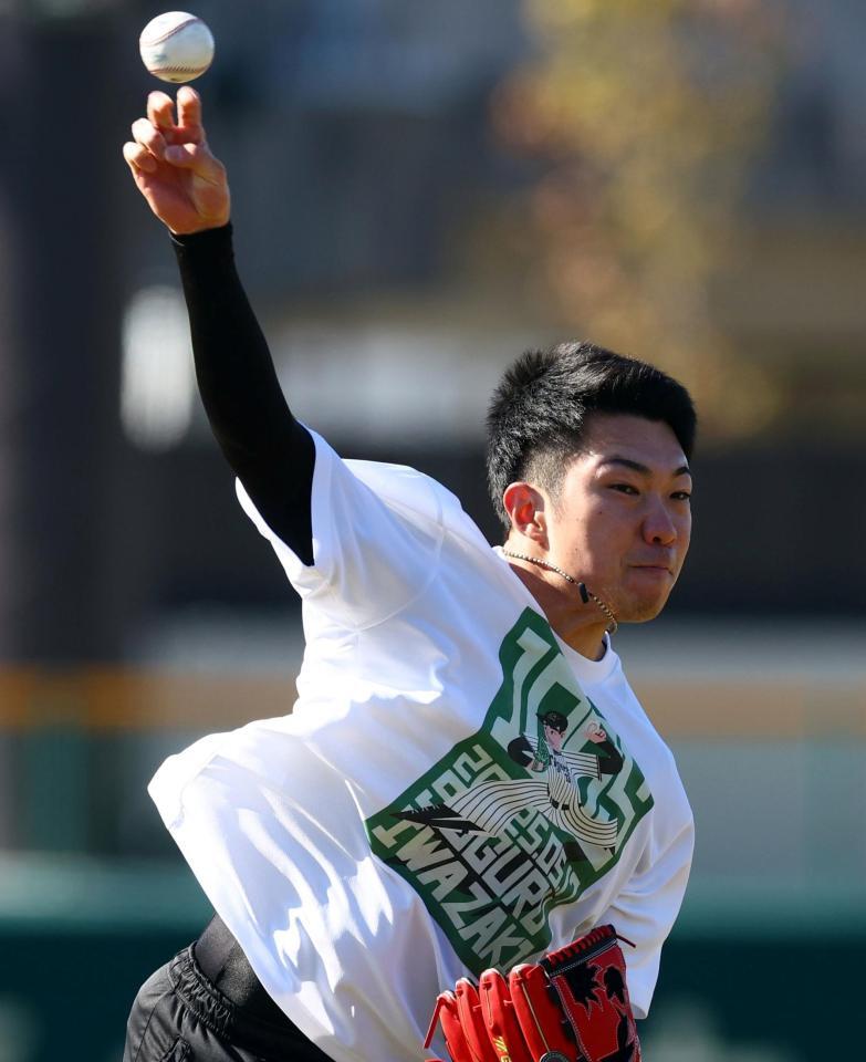 自主トレを公開し、キャッチボールする石井（撮影・山口登）