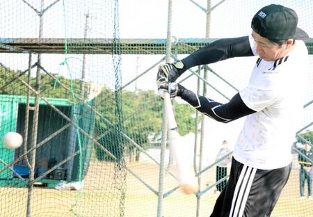 自主トレで打撃練習をする近本＝沖永良部島