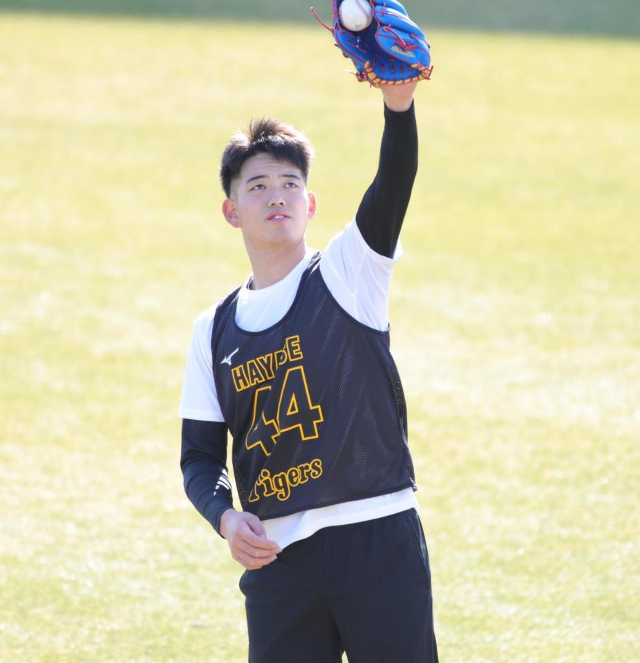 明るい表情でキャッチボールをする早瀬（撮影・坂部計介）