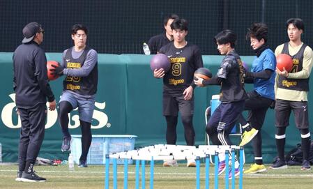 　谷川氏（左端）から指導を受ける新人選手ら（撮影・中田匡峻）