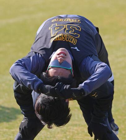 ウオーミングアップをする岡城（撮影・立川洋一郎）