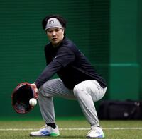 室内で自主トレを公開した伏見（撮影・西田忠信）