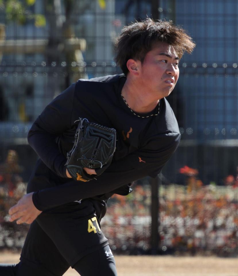 キャッチボールをする桐敷（撮影・坂部計介）