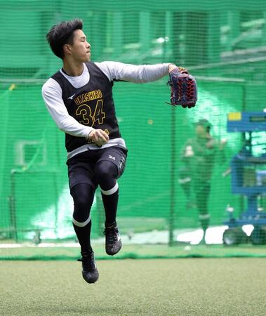 　勢いを付けてキャッチボールする岡城（撮影・西田忠信）