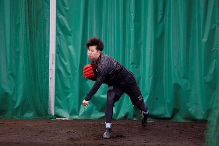 ブルペンで投げ込む阪神・門別啓人＝宜野座（撮影・西田忠信）