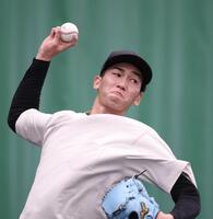 ブルペンで投げ込む今朝丸（撮影・西田忠信）