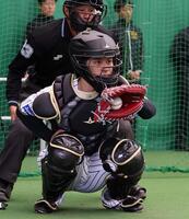 　ブルペンで投球を受ける坂本（撮影・西田忠信）