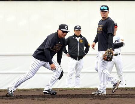 早出で守備練習する大山（左）と佐藤輝（撮影・山口登）
