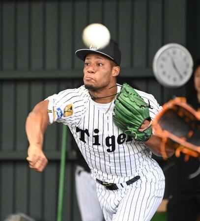 初ブルペンで力投するモレッタ（撮影・飯室逸平）