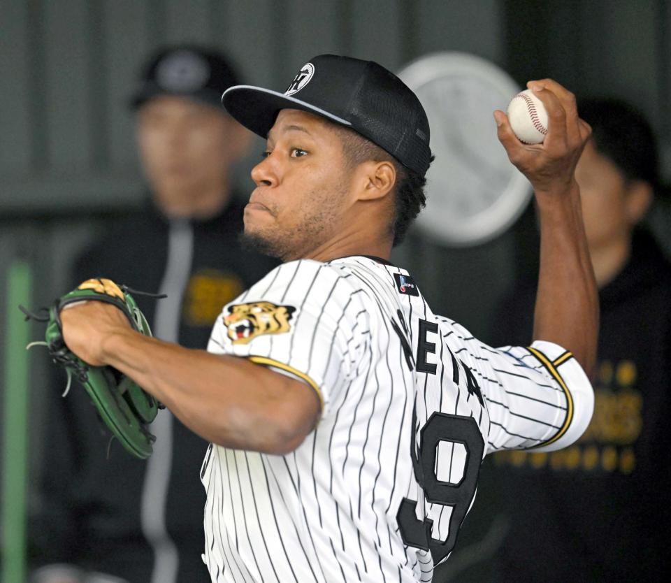 　初ブルペンで力投するモレッタ（撮影・飯室逸平）