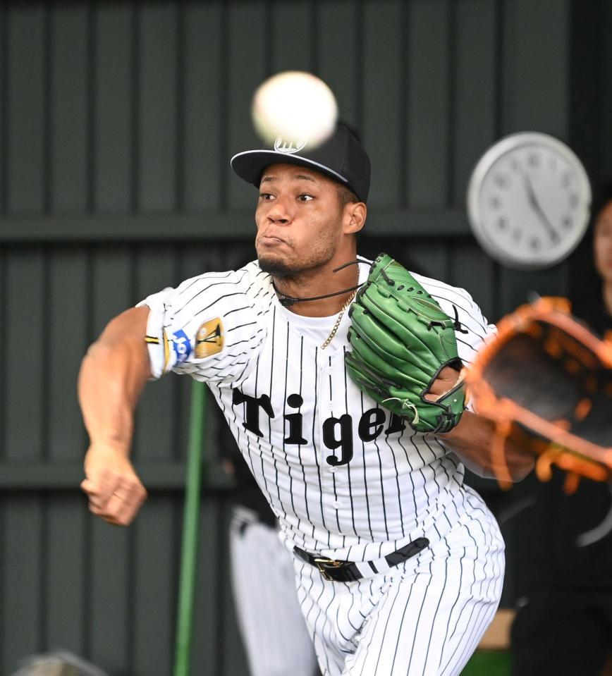 初ブルペンで力投するモレッタ（撮影・飯室逸平）