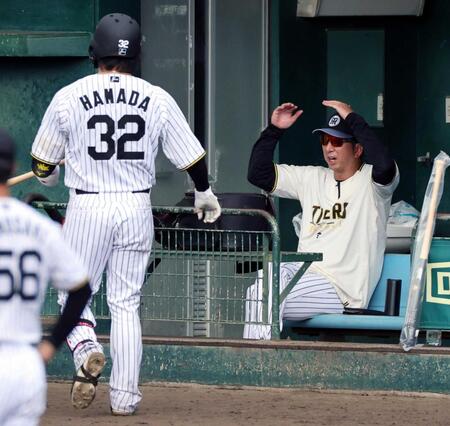 　シート打撃をベンチで見守る藤川監督（左は浜田）