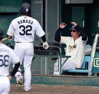 　シート打撃をベンチで見守る藤川監督（左は浜田）