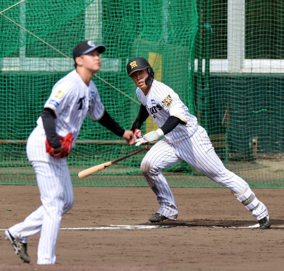 シート打撃で左前打を放つ谷端（投手・門別）＝４日