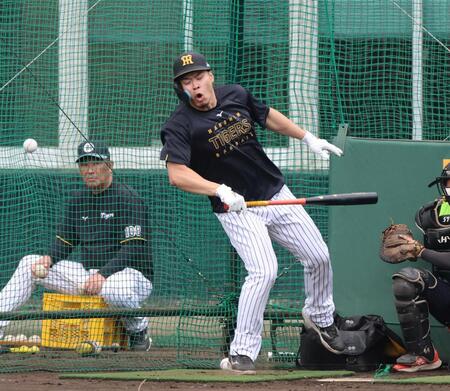 打撃練習で投球を右足に受ける佐藤輝（撮影・山口登）