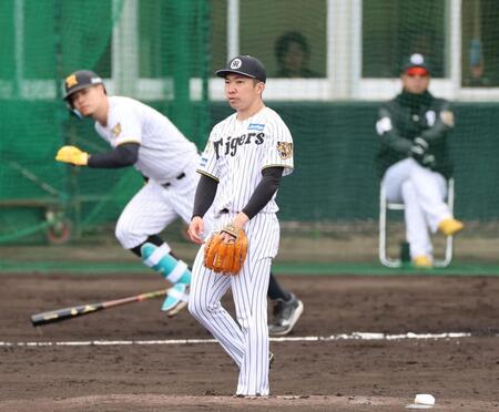 シート打撃で佐藤輝を中飛に打ち取る石井（撮影・山口登）