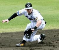 シート打撃で百崎の打球を捕るディベイニー（撮影・田中太一）