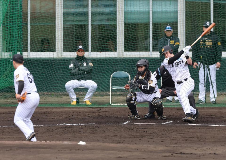 シート打撃で空振り三振に倒れるディベイニー（投手・石井、捕手・坂本）＝撮影・山口登