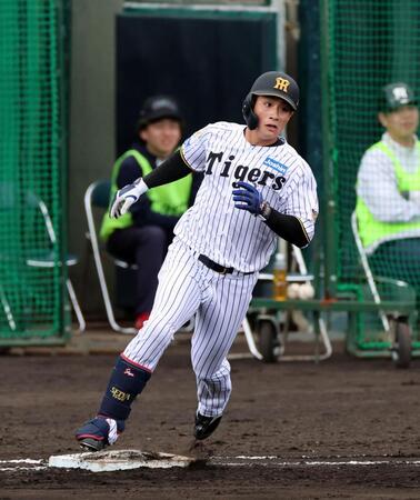 　シート打撃で左中間に二塁打を放つ木浪（撮影・山口登）