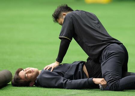 　練習前にストレッチする今朝丸