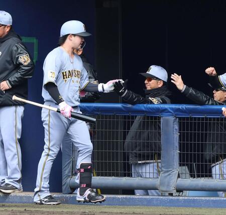 ４回、先制ソロを放ち生還する浜田を迎える藤川監督（撮影・山口登）