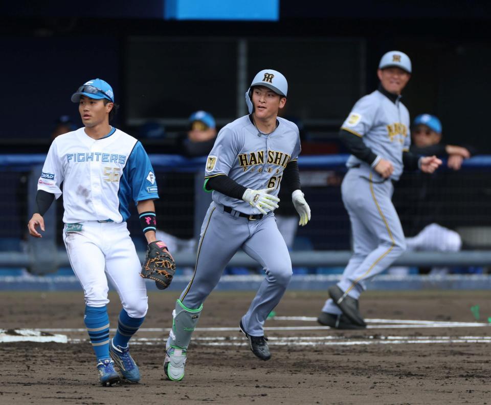 ５回、右越えにソロを放つ高寺（撮影・山口登）