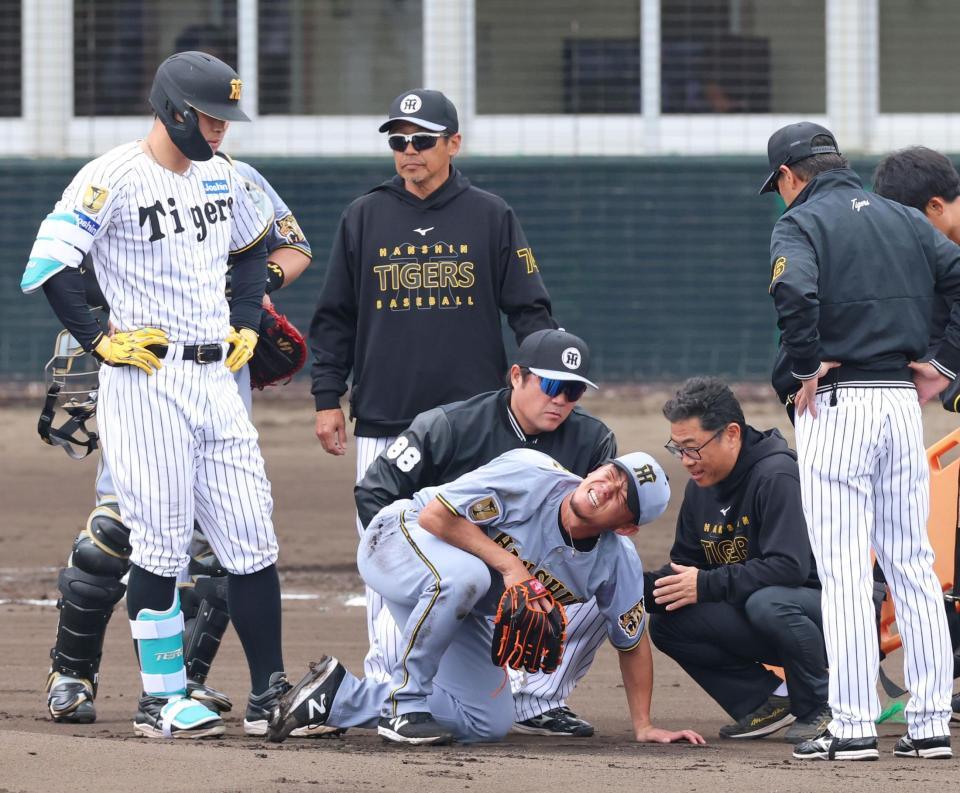 １回、佐藤輝（左）の打球が直撃し苦悶（くもん）の表情を見せる（中央下）伊藤将（撮影・立川洋一郎）