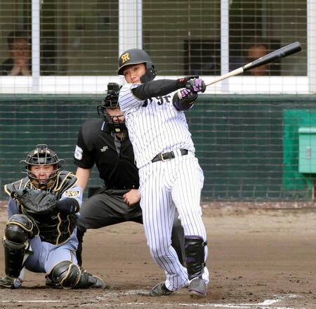 　４回、中前打を放つ西純（撮影・立川洋一郎）