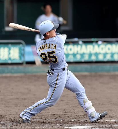 左翼線に二塁打を放つ谷端（撮影・山口登）