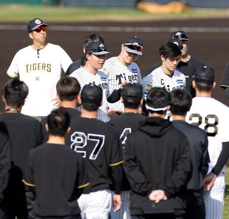 練習前、ナインにあいさつをする（左から）森下、佐藤輝、坂本（撮影・西田忠信）