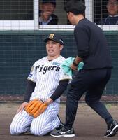 ３回、足を負傷して座り込む石井（撮影・立川洋一郎）