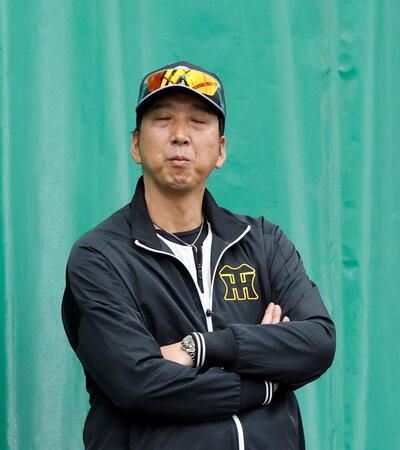 ブルペンで腕を組む藤川監督（撮影・西田忠信）