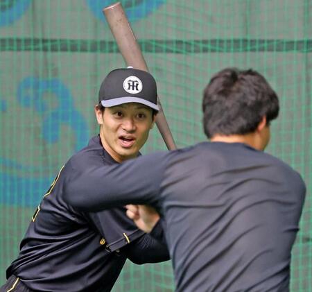 森下（手前）と打撃の話しをする坂本（撮影・立川洋一郎）