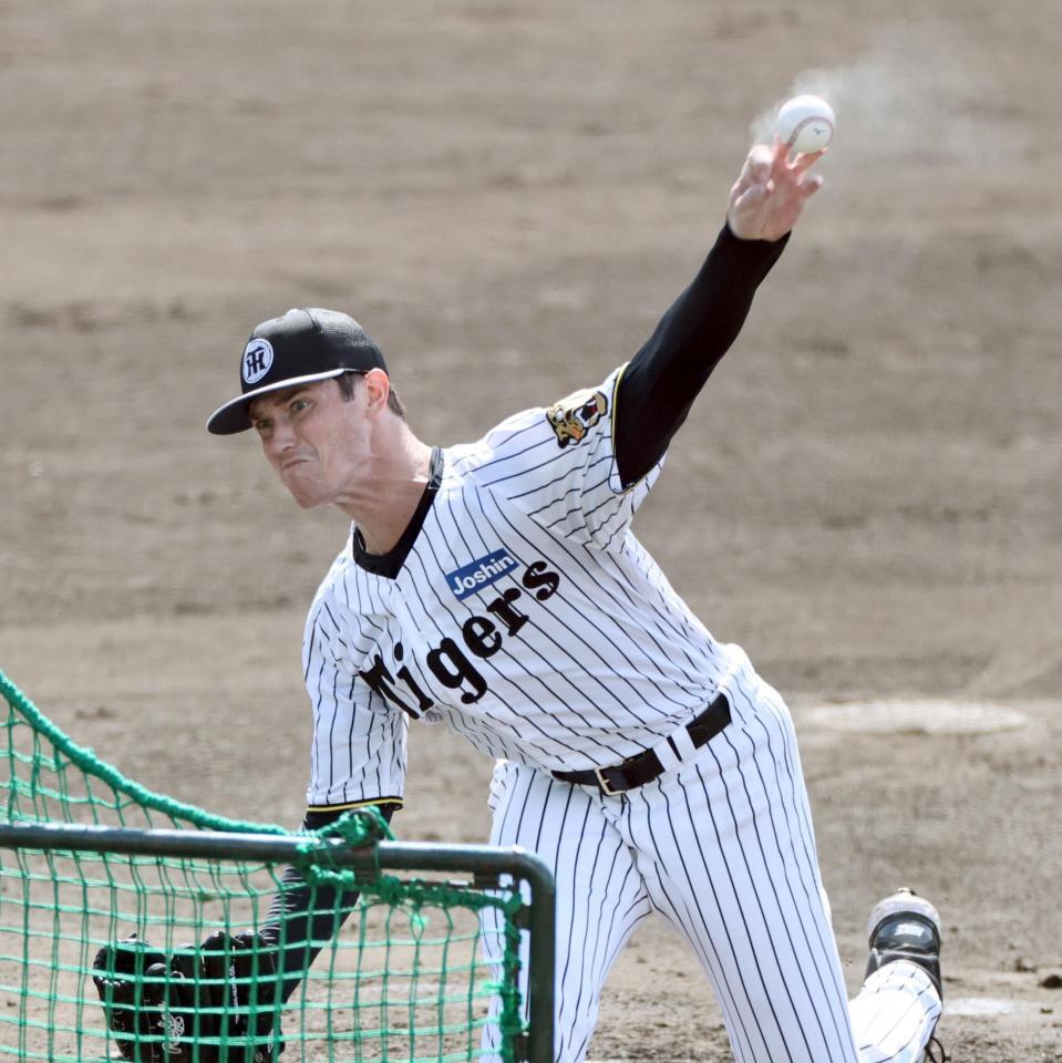 ライブＢＴで投げ込むルーカス（撮影・田中太一）