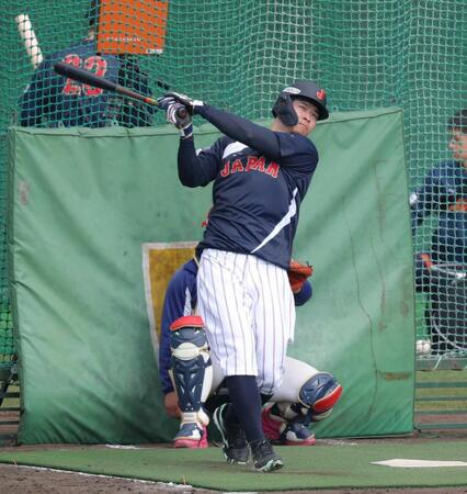 　打撃練習する佐藤輝（撮影・金田祐二）