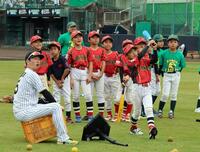 野球教室で子どもたちと、ティー打撃をする近本（撮影・山口登）
