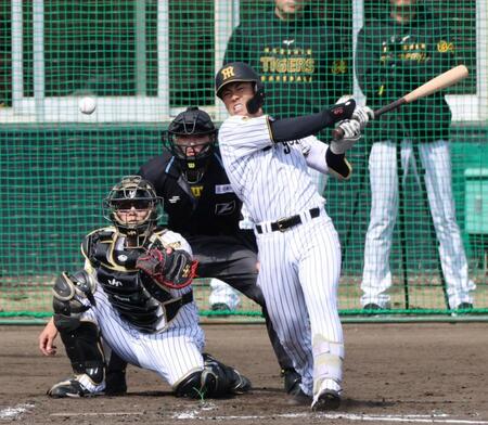 シート打撃で中前打を放つ谷端（捕手・伏見）＝撮影・山口登