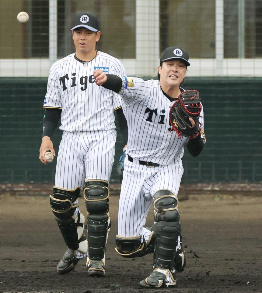 　シートノックで二塁へ送球する伏見。左は梅野