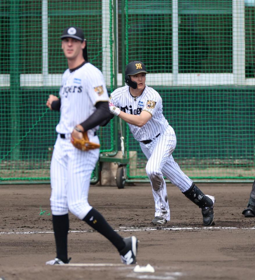 シート打撃で左翼線に二塁打を放つ元山（投手・ラグズデール）＝撮影・山口登