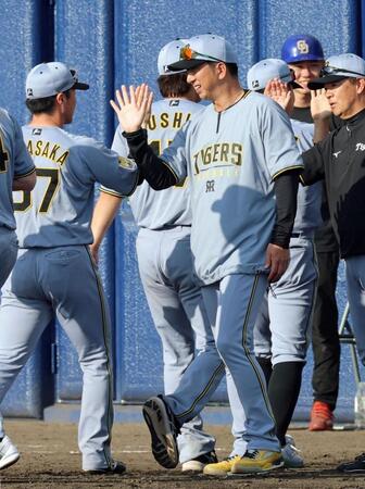 ナインを出迎えタッチを交わす阪神・藤川球児監督＝北谷（撮影・立川洋一郎）