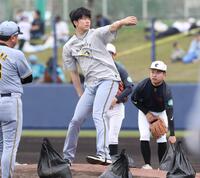 北谷のマウンドを確認する才木（撮影・西田忠信）