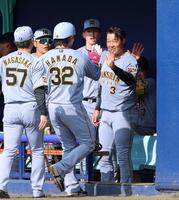 ６回表が終了し、同点適時打を放った浜田（３２）を迎える大山（３）＝撮影・立川洋一郎