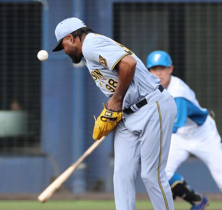 ８回、ドリスは藤森の打球を右手に受ける（撮影・山口登）