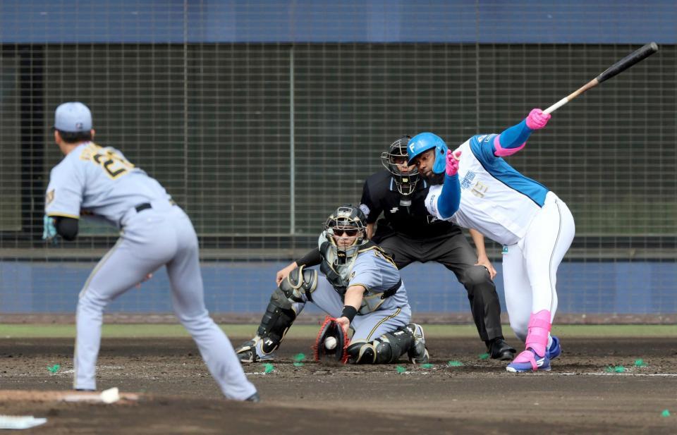 　４回、レイエスに対し投げ込む今朝丸（撮影・西田忠信）