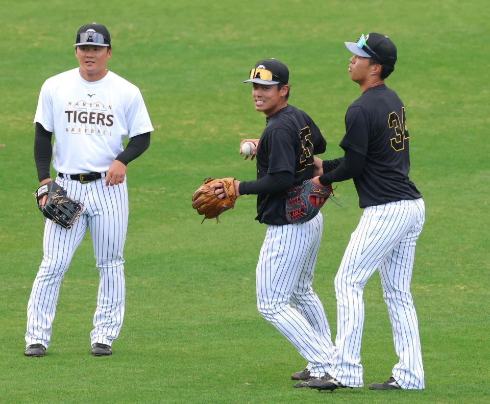 全体練習前に内外野が連係し、フライの捕球を確認する阪神野手陣。左から前川、谷端、岡城（撮影・立川洋一郎）