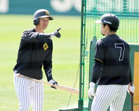 　練習中に中野（右）と話す近本（撮影・山口登）