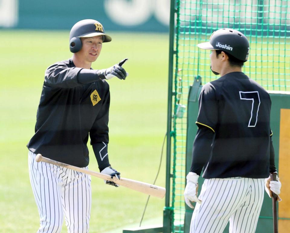 　練習中に中野（右）と話す近本（撮影・山口登）