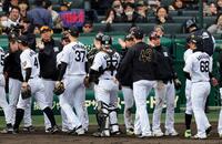 ソフトバンクに勝利し、タッチする藤川監督ら阪神ナイン（撮影・山口登）