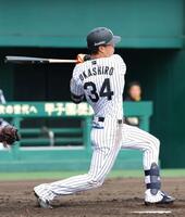 ５回裏阪神１死、中前打を放つ阪神・岡城快生＝日鉄鋼板ＳＧＬスタジアム尼崎（撮影・立川洋一郎）